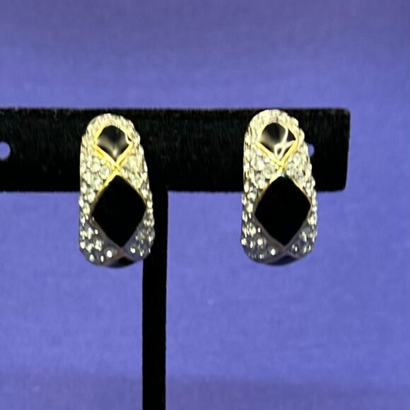VTG Kenneth Lane Gold-Tone, Black Enamel & Clear Crystal Clip Earrings - Picture 3 of 16